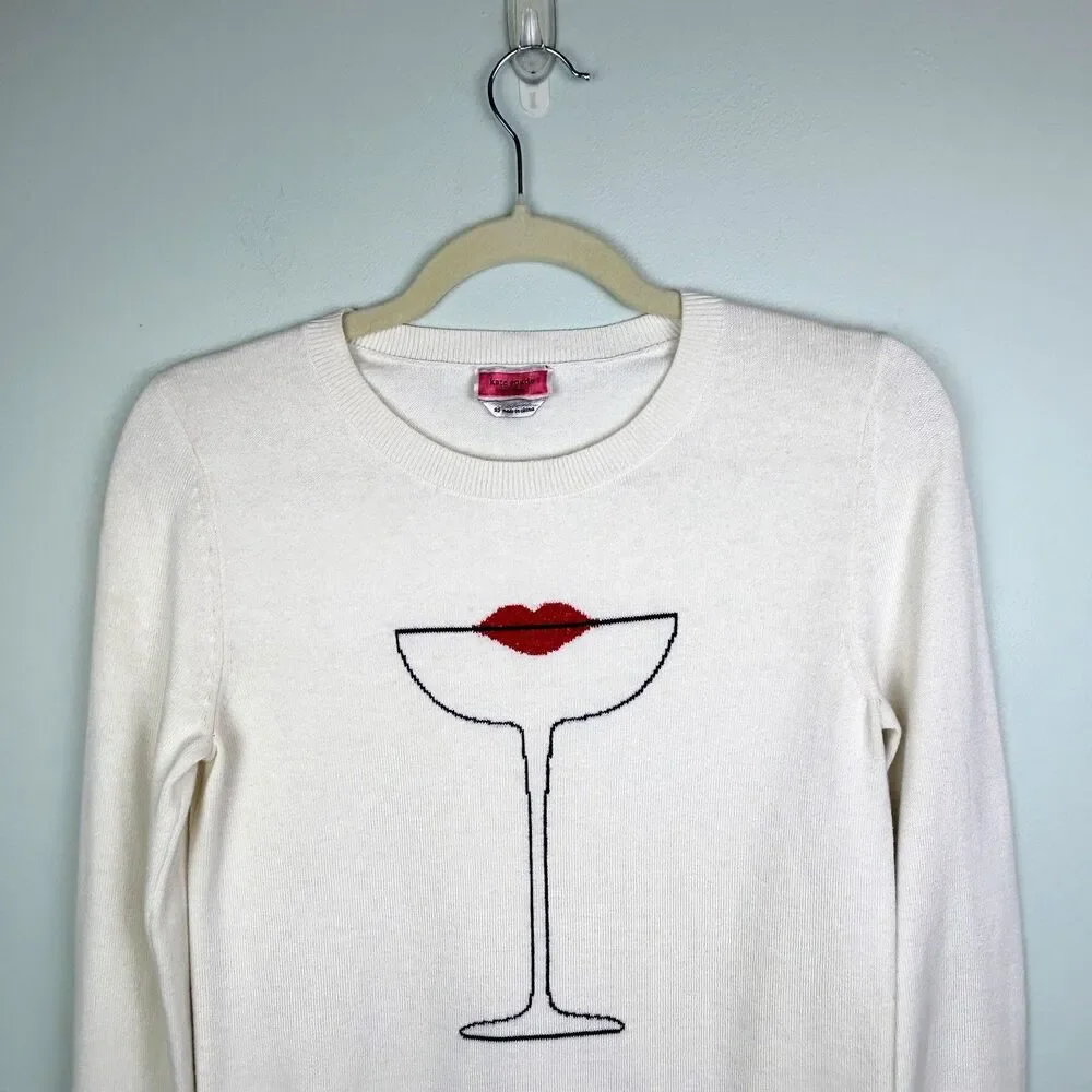 Kate Spade Cocktail Kiss Sweater Cream Cotton Silk Knit Crewneck Pullover XS